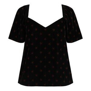 Loft  velvet dark floral  romantic  sweetheart puff sleeve collarless top size M